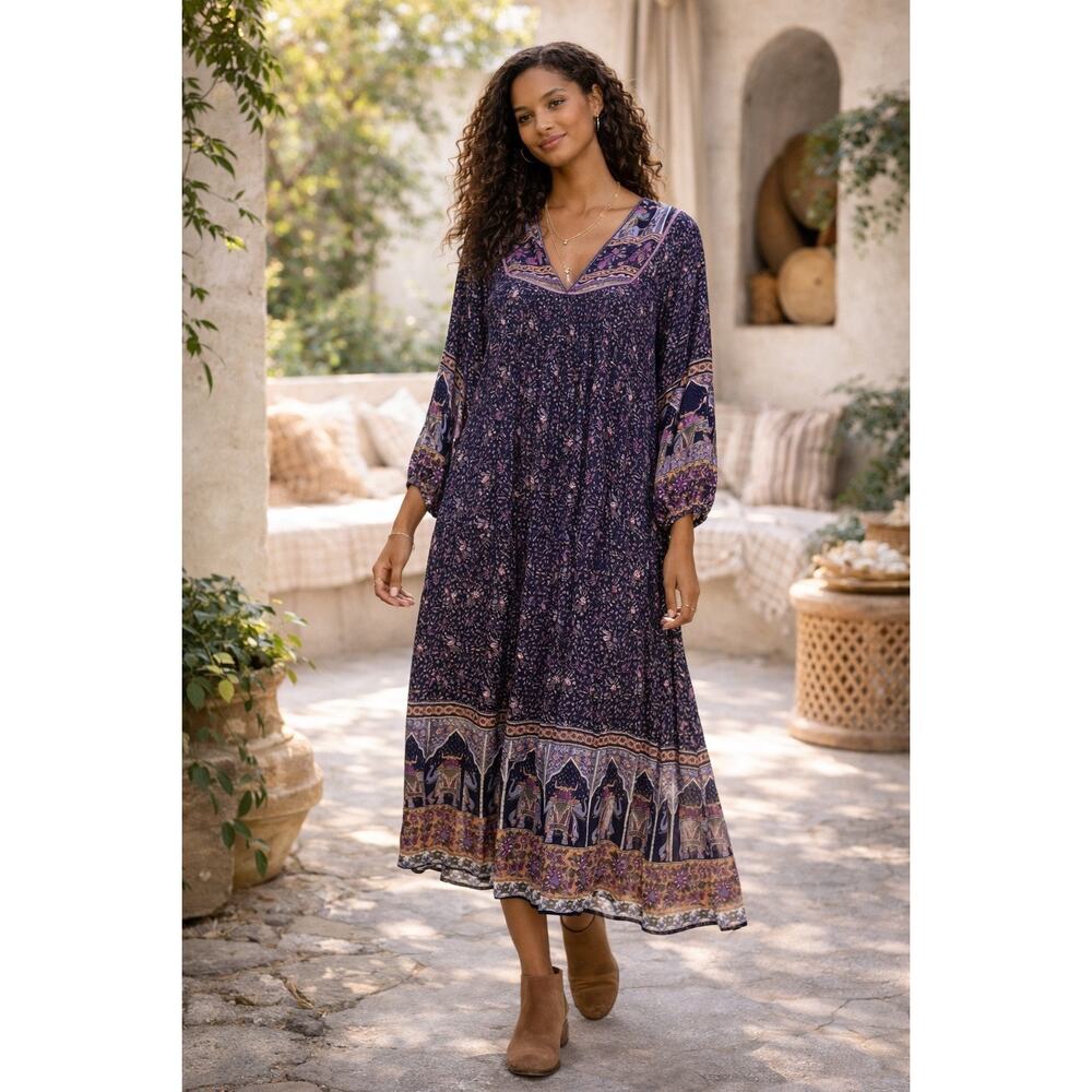 Modern Soul Bohemian Folk Print Gypsy Midi Dress Purple Size 6